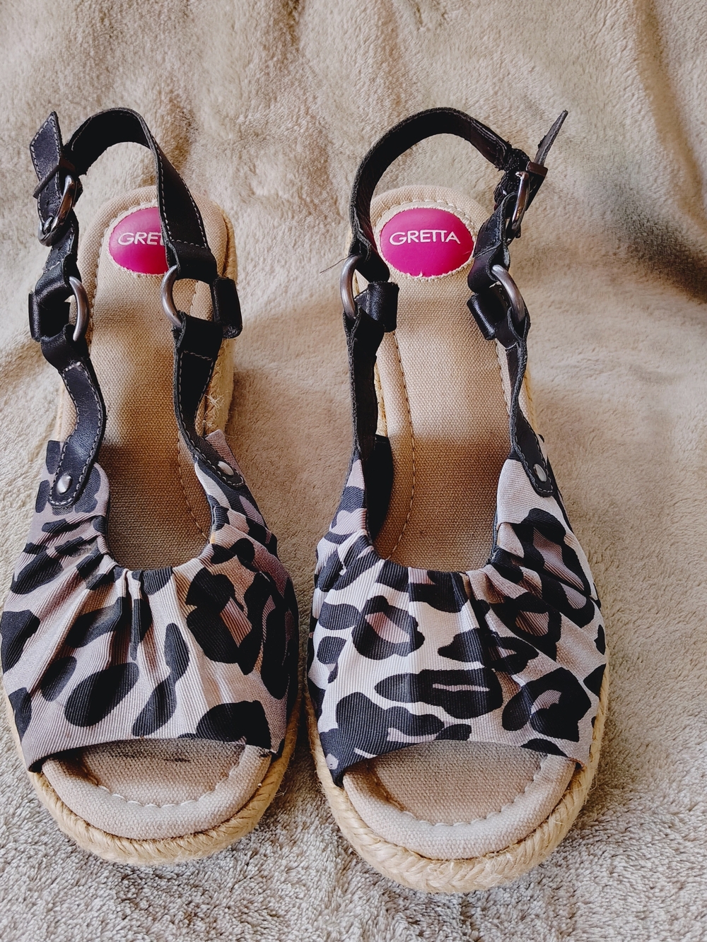 Women's Leopard Print Black and Khaki Leopard Print Wedge Sandals